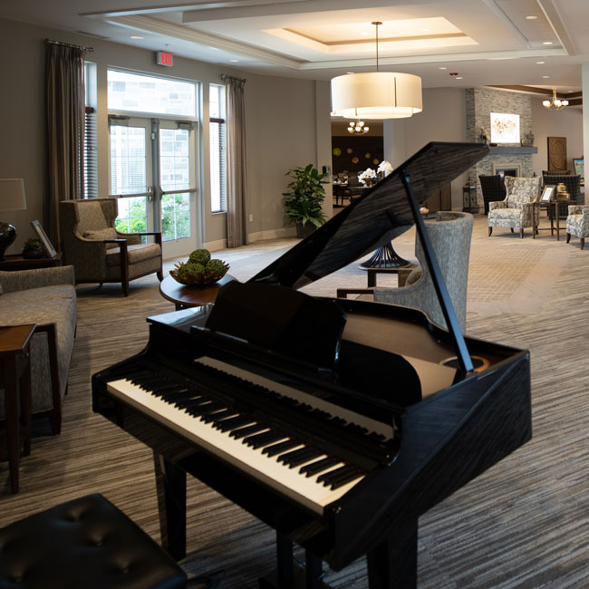 The grand piano in a Vista Springs community lounge
