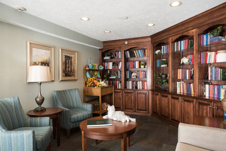 The library, lined with bookshelves and armchairs