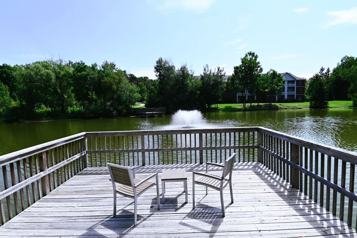 The residents' deck overlooking the pond and fountain
